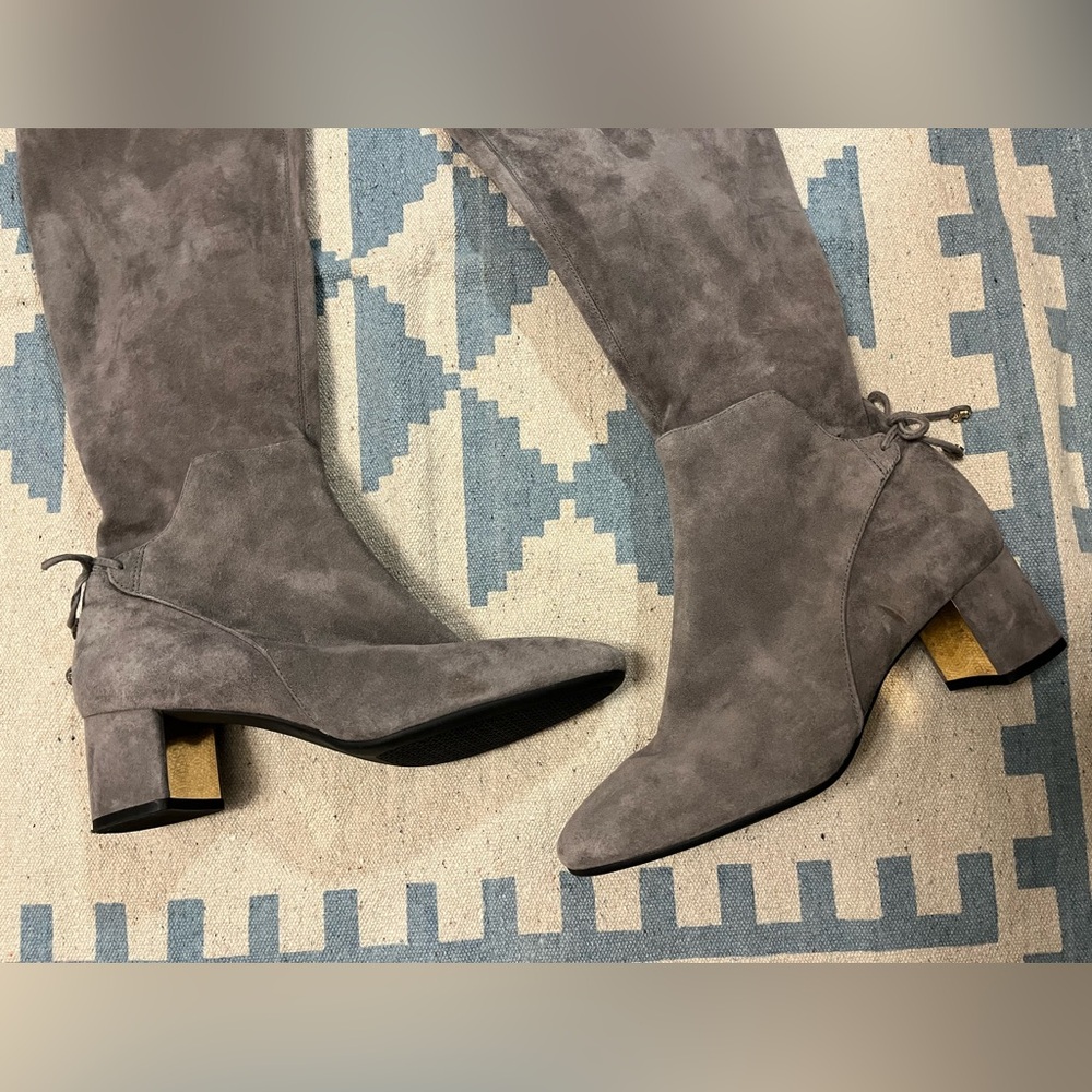 Tory Burch Laila Suede Over the Knee Grey Boots Block Heel Bow Gold Tall Leather - Picture 3 of 16